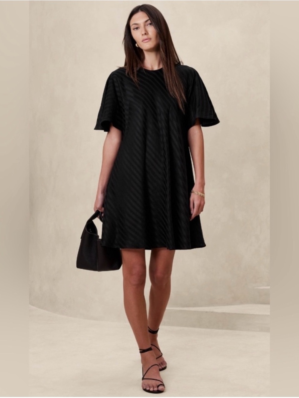 Banana Republic Black Tonal Stripe Linen Blend Trapeze Mini Dress Large pockets